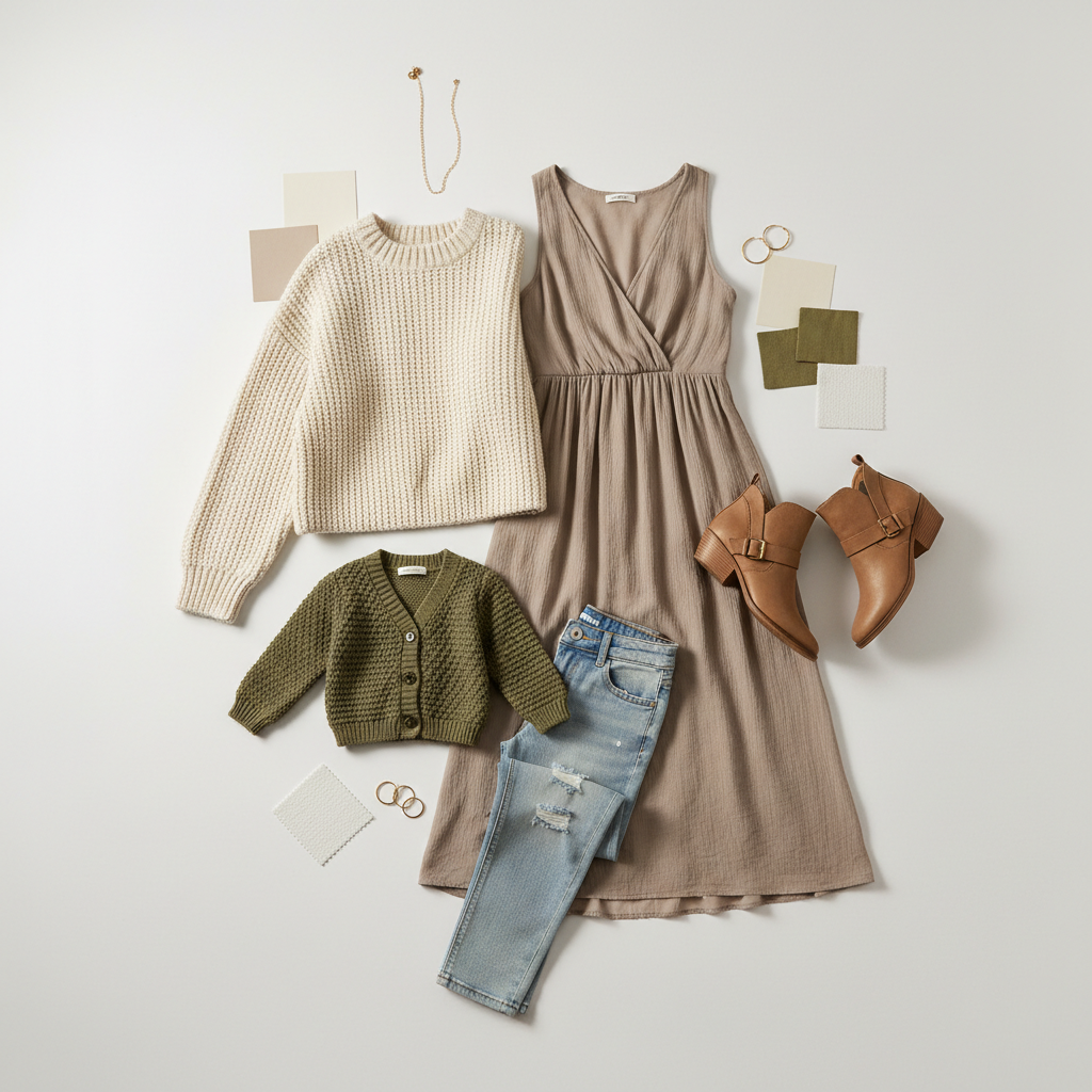Flat lay of neutral family photo outfit palette with cream, taupe, olive, and denim
