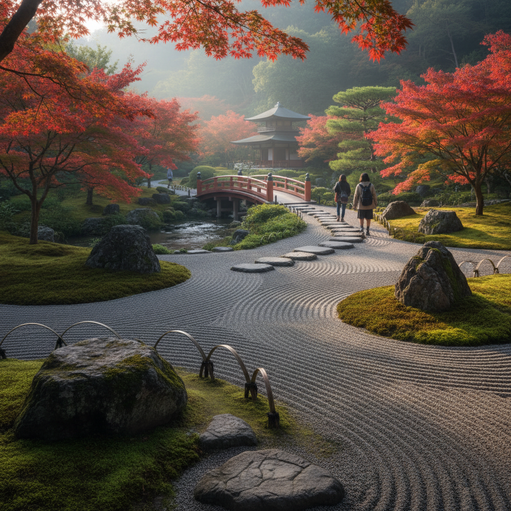 Quiet Japanese garden path with raked gravel and maple trees for a zen travel moment