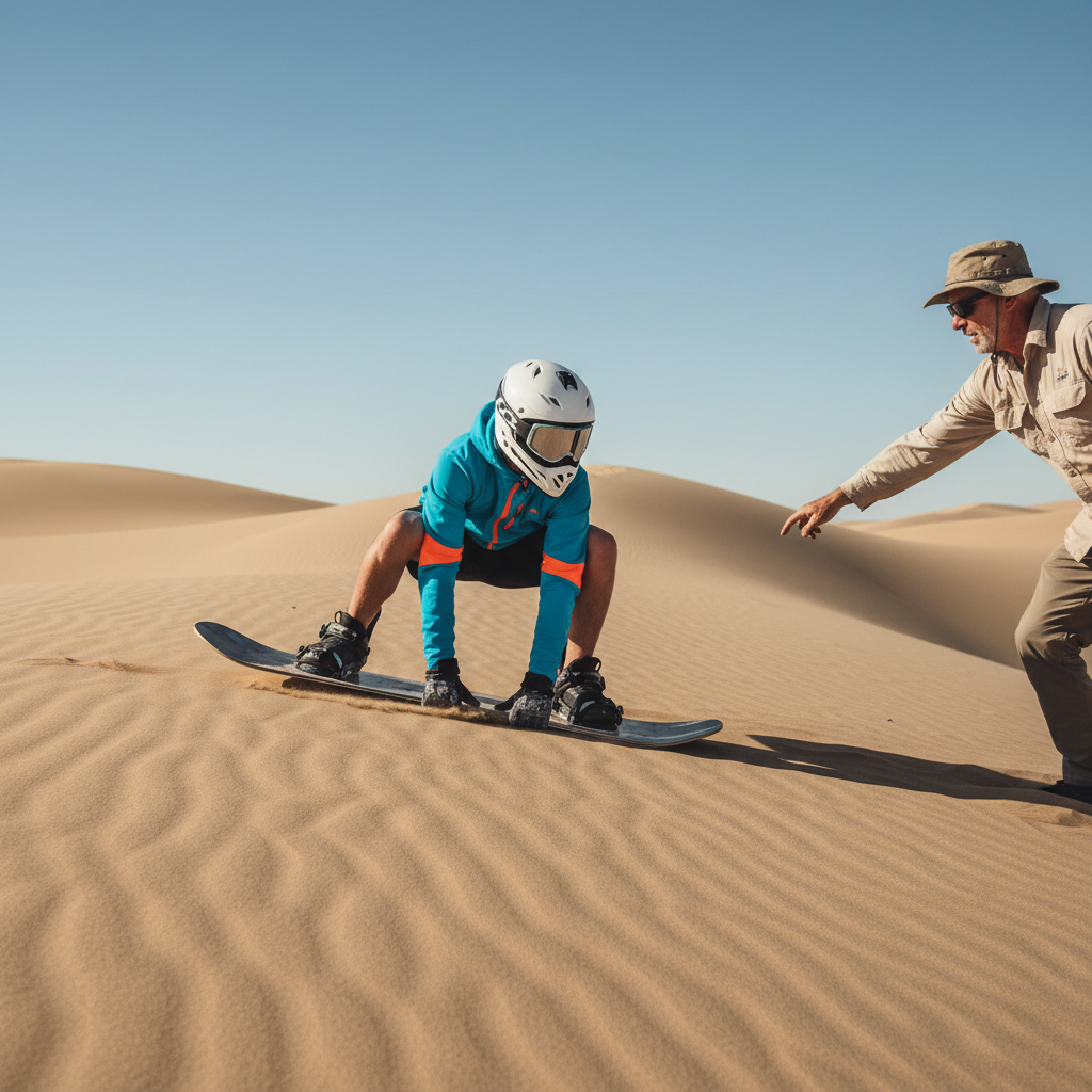 Beginner sandboarding stance and safety gear on moderate dune slope