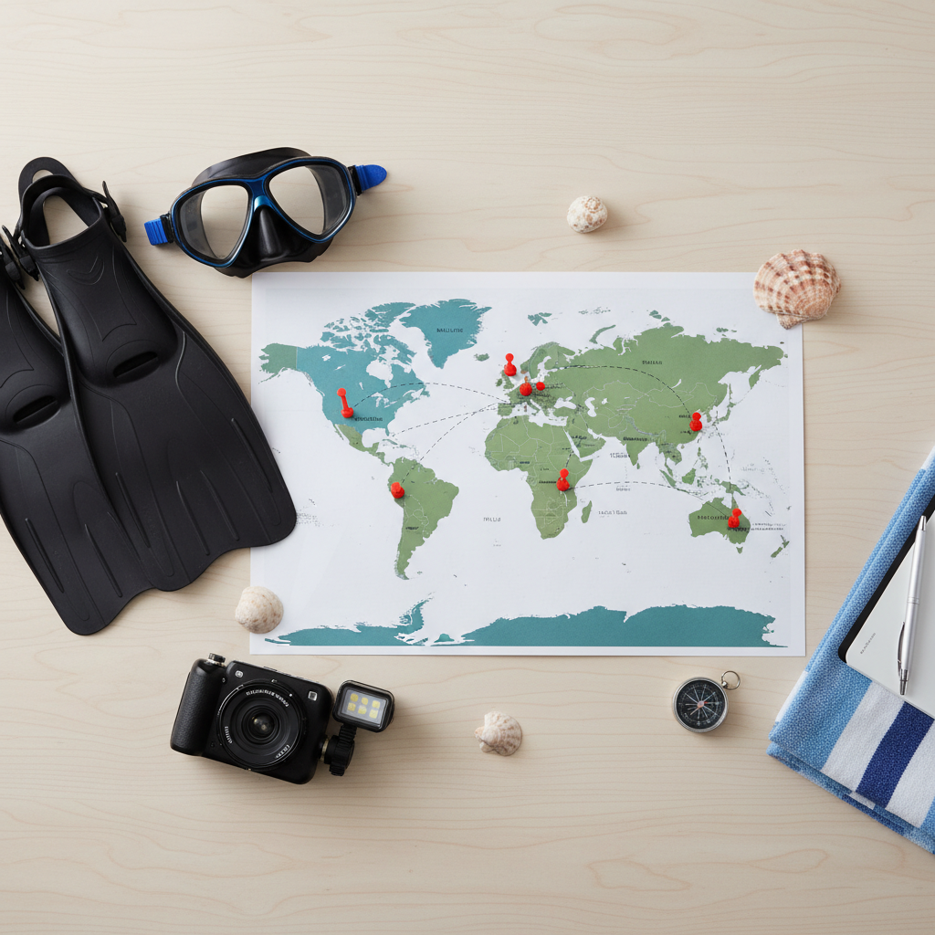 Map-style travel collage of top clear-water scuba diving destinations worldwide