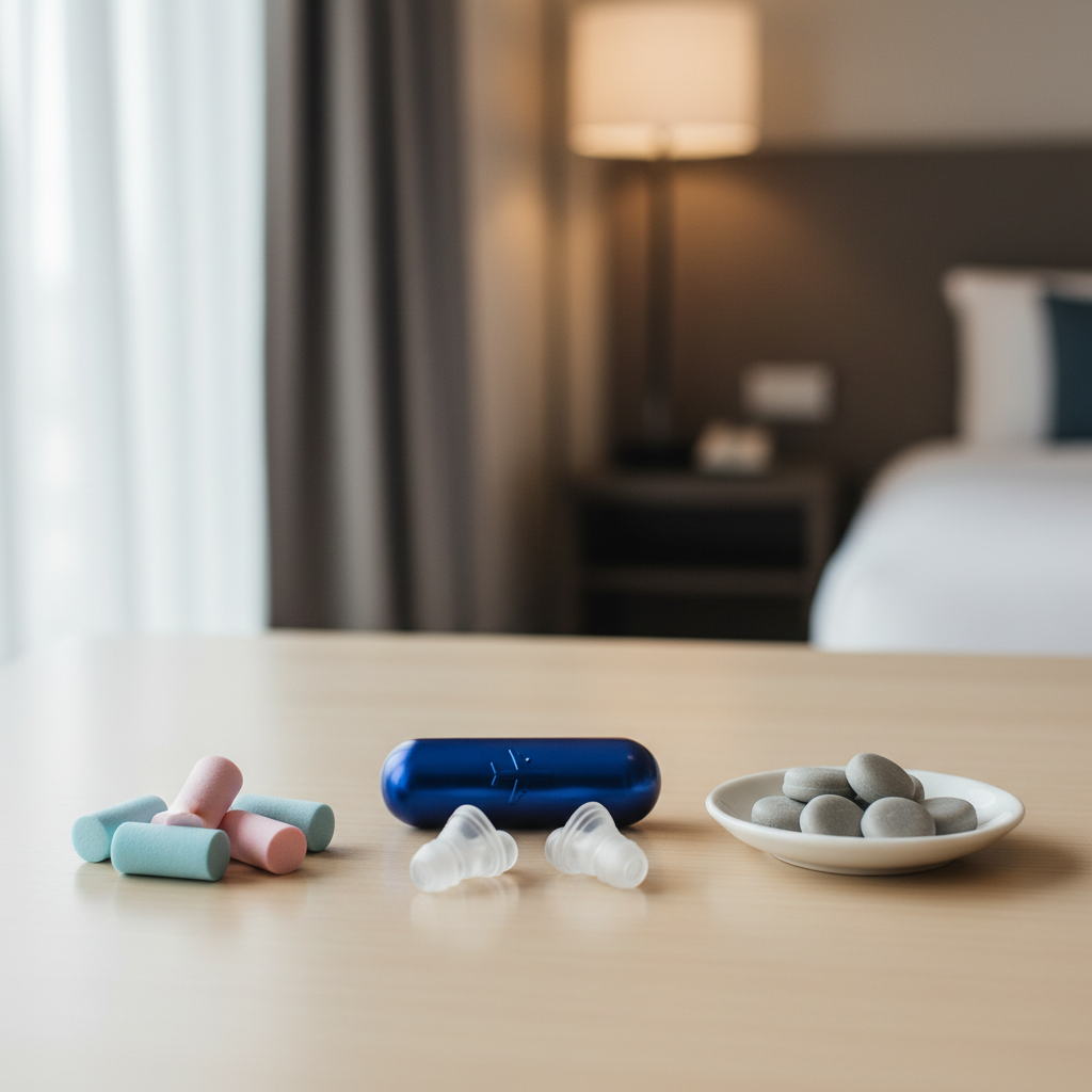 Different types of travel earplugs foam silicone wax arranged on a table