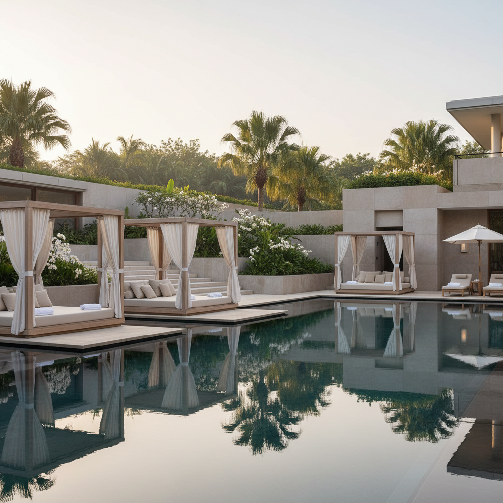 Luxury spa retreat setting with calm pool and treatment cabanas