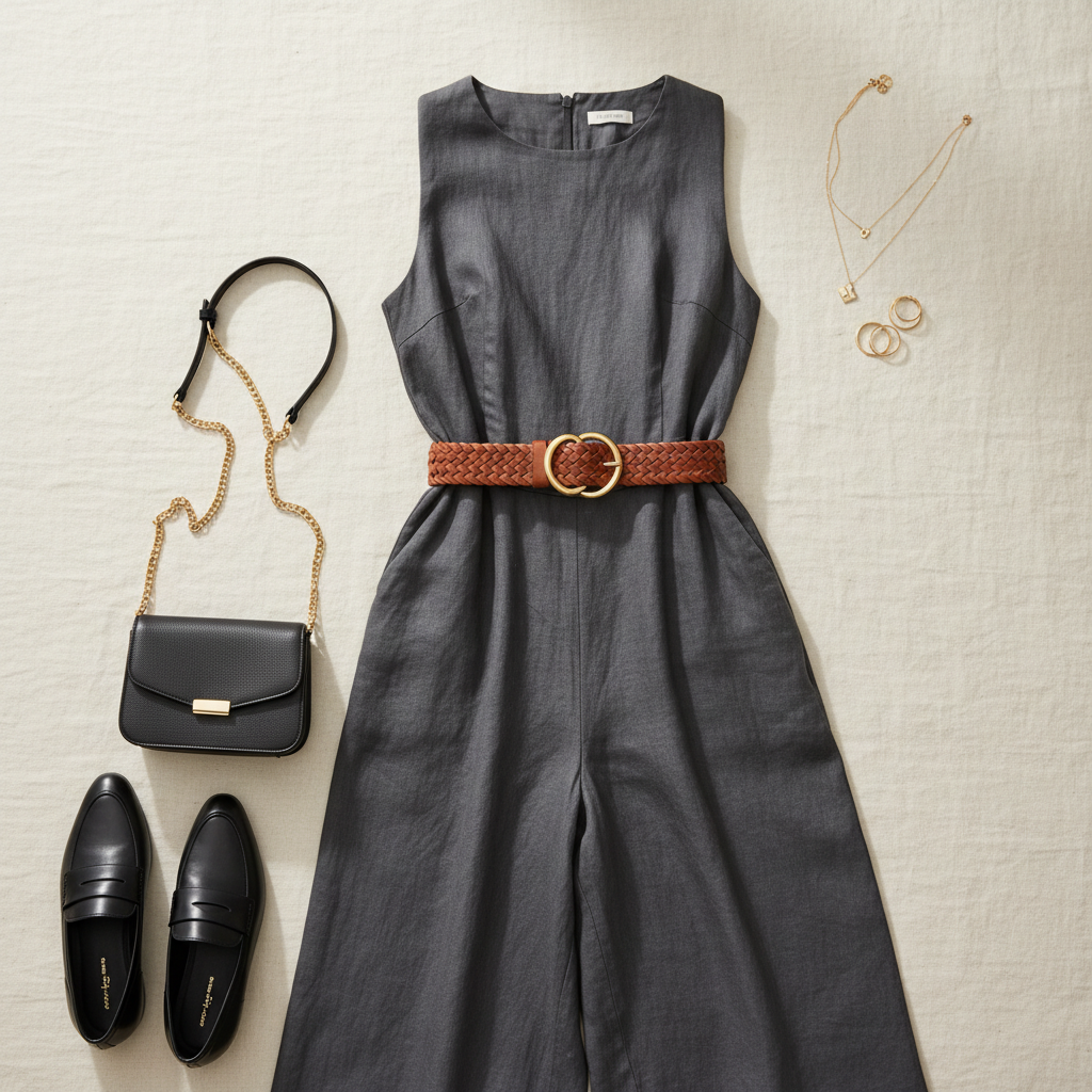 Flat lay of jumpsuit outfit formula with shoes, belt, and bag