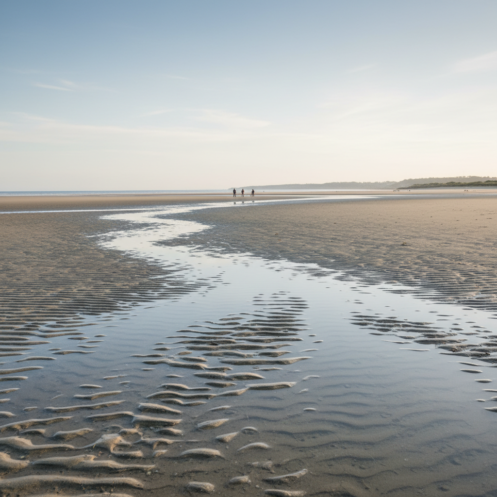 Low tide beach walk on tidal flats with tide pools
