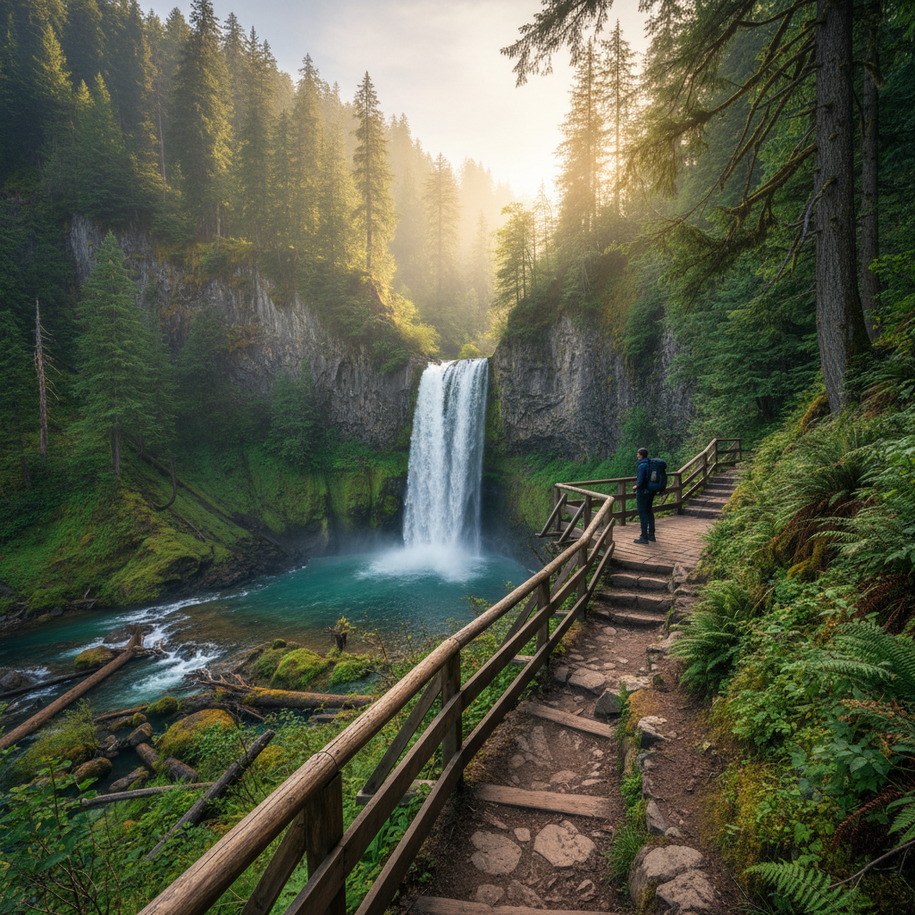 Scenic waterfall overlook on a forest trail for trip planning inspiration