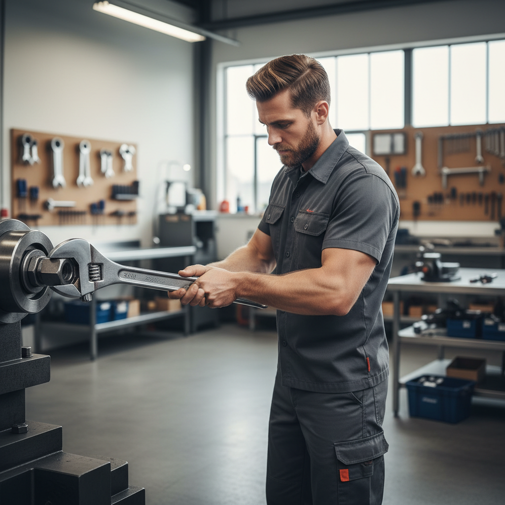 Mechanic using adjustable steel monkey wrench safely with proper pulling direction
