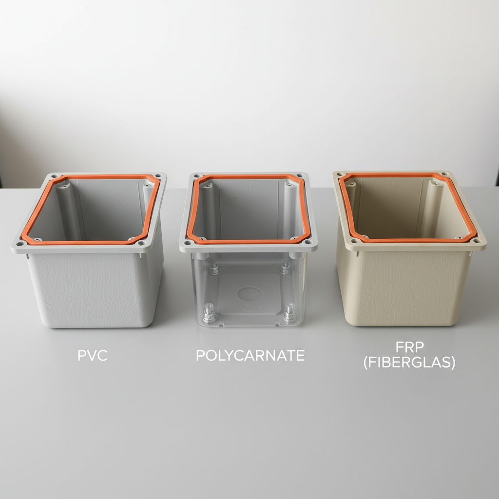 Comparison of PVC polycarbonate and fiberglass electrical enclosures on workbench