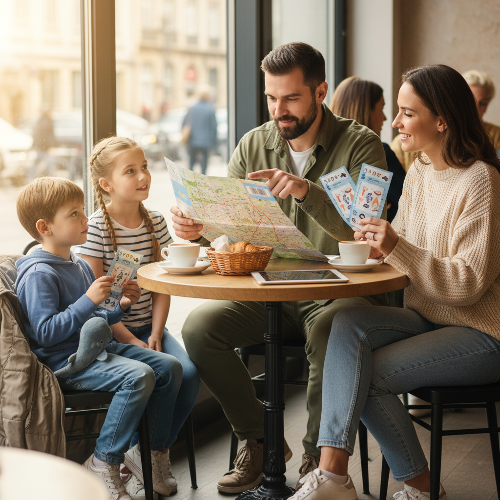 Family planning an aquarium day with tickets and a city map at a café