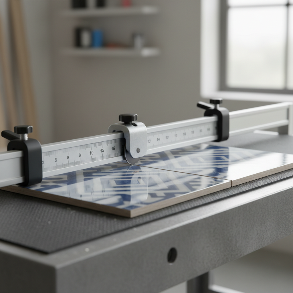 Manual tile cutter scoring a ceramic tile on a workbench