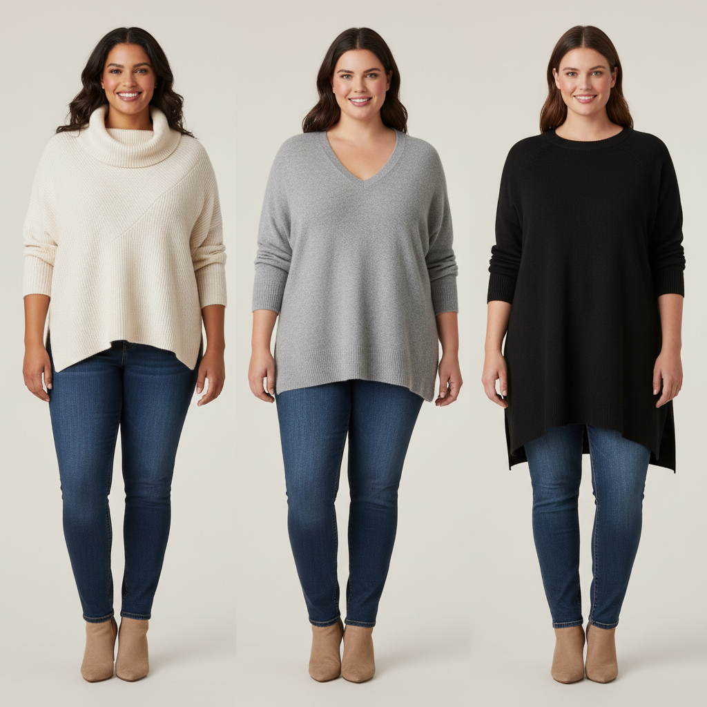 Flattering plus size sweater fit comparison on different body shapes