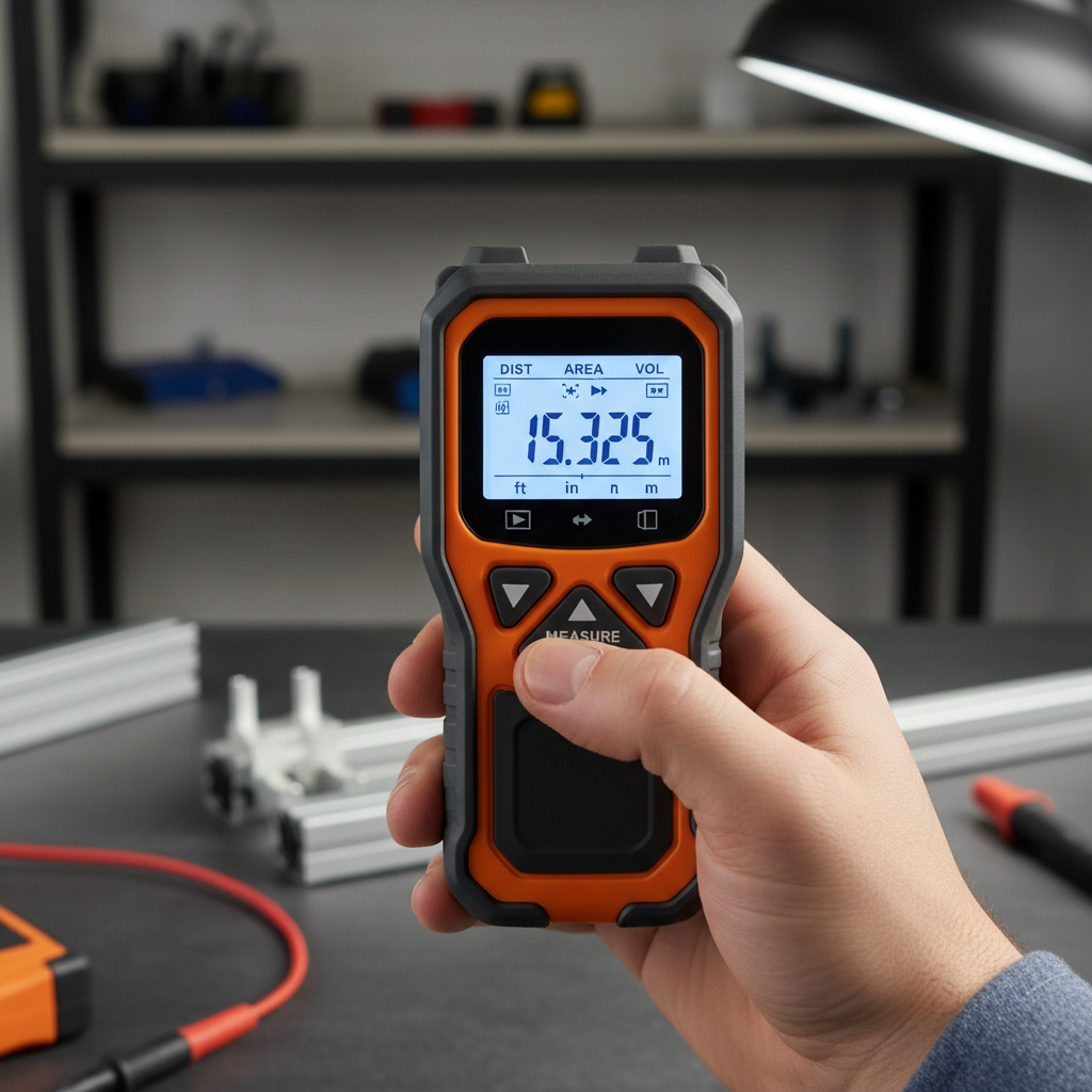 Close-up of laser distance meter screen showing measurement modes and units