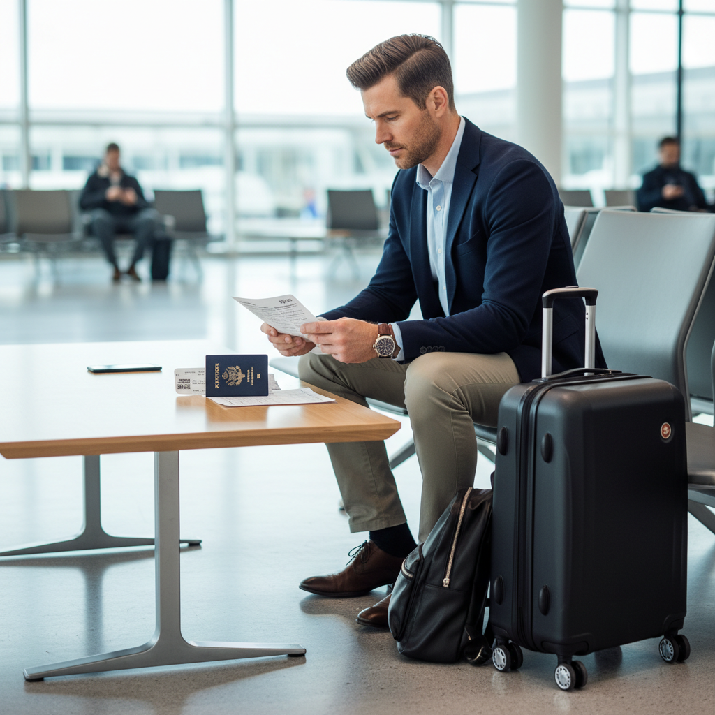 U.S. traveler reviewing customs declaration form and passport at airport