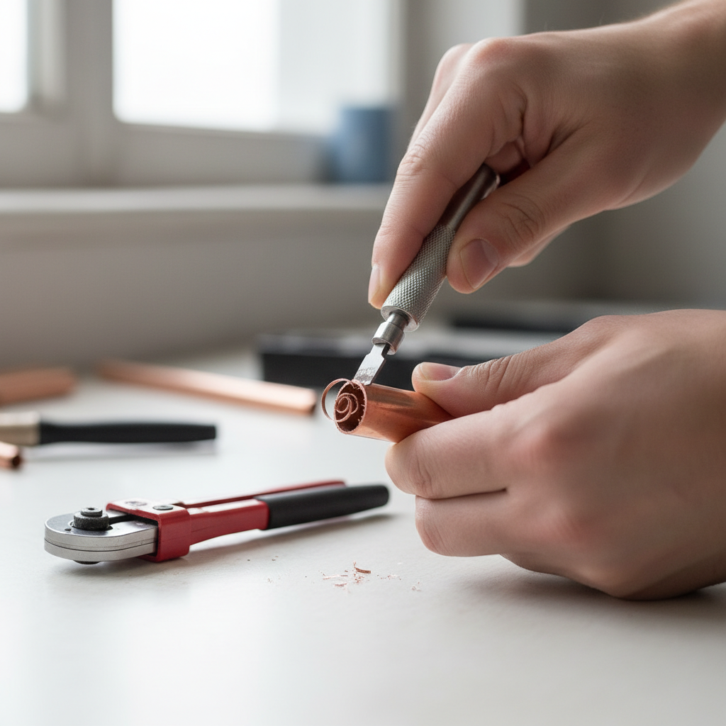 Close-up of deburring copper tube after cutting with a mini tube cutter