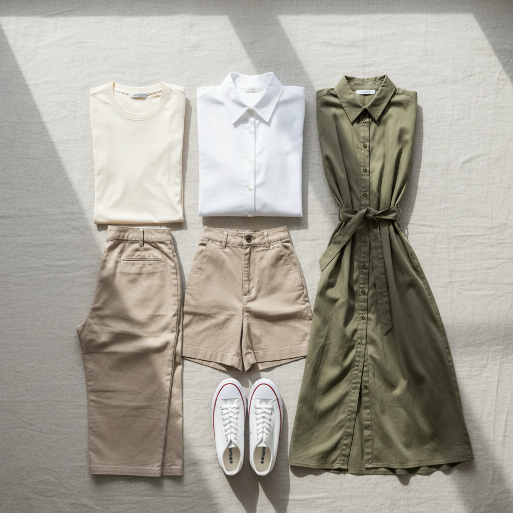 Breathable cotton capsule wardrobe pieces laid out for daily outfits