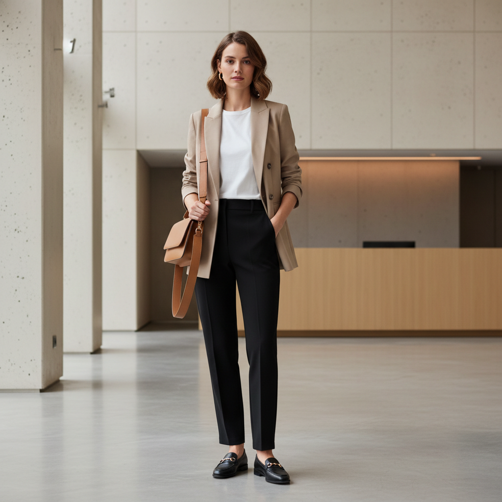 Work outfit with blazer and structured crossbody bag