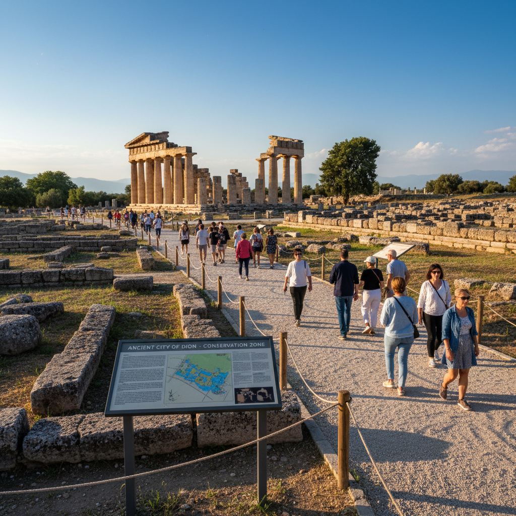 Visitors walking on a marked path at an archaeological site with signage