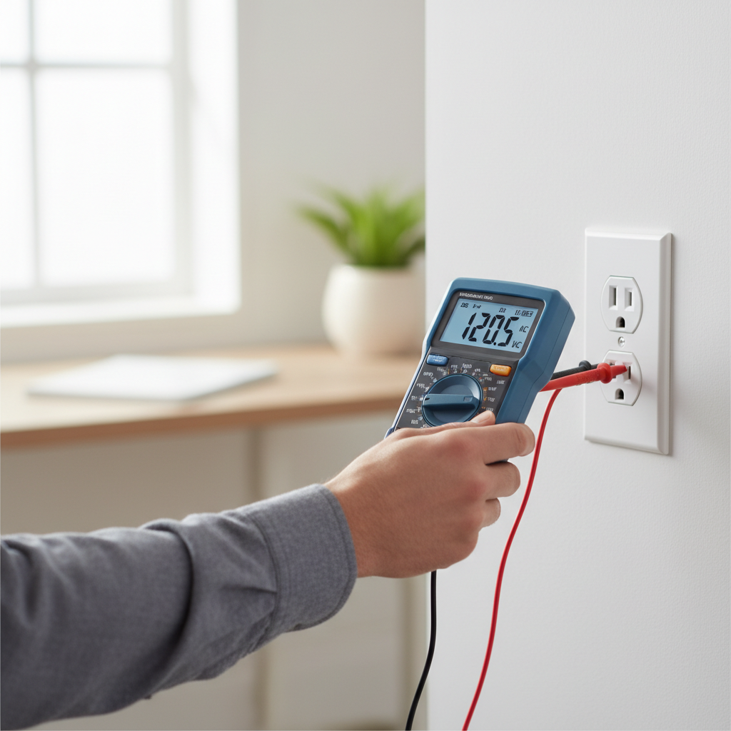 Digital multimeter measuring voltage on a household outlet with probes