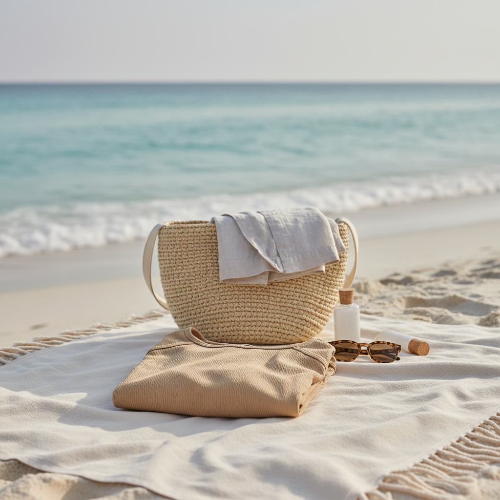 Quick-dry travel swimsuit drying on a beach towel near an ocean bag