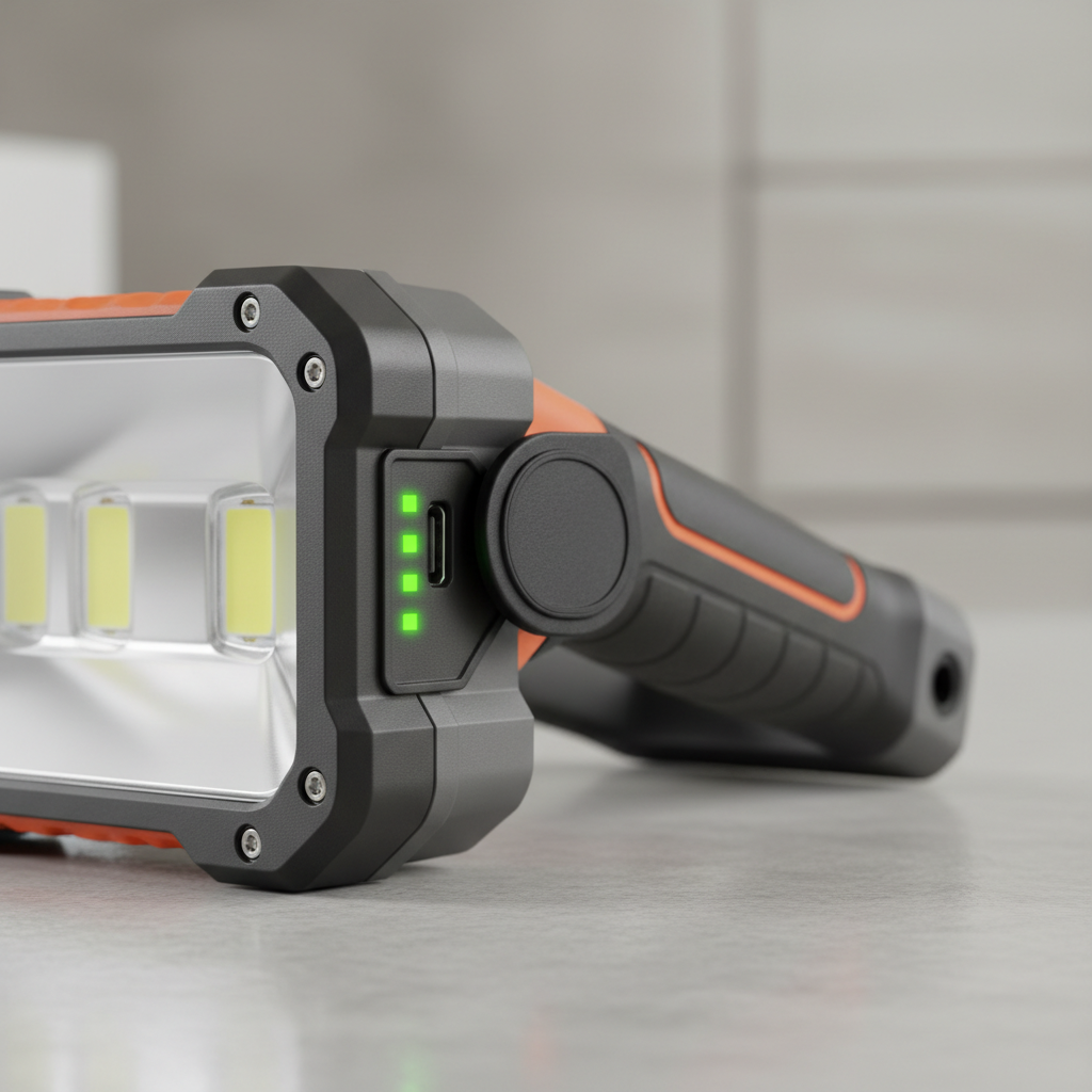 USB-C rechargeable work light showing charging port and battery indicator
