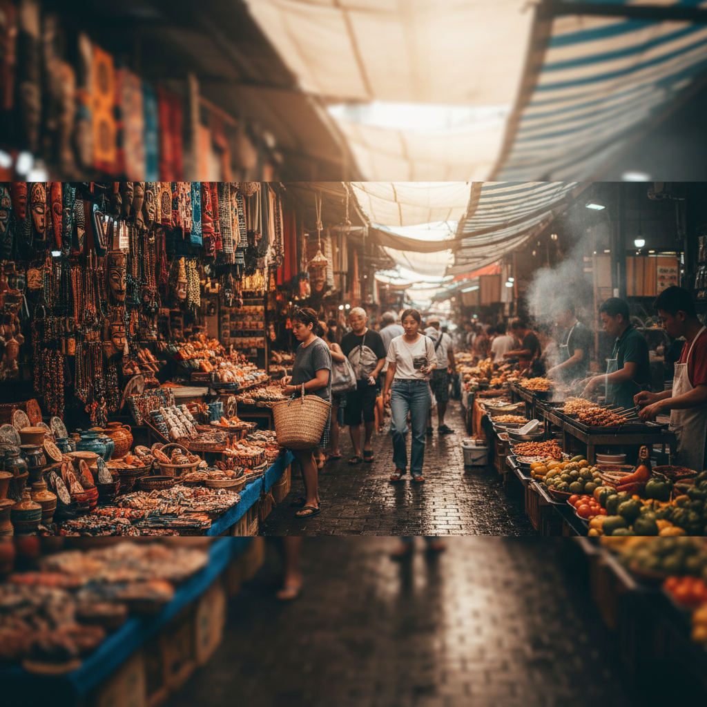 Busy local market aisle with souvenir stalls and street food vendors