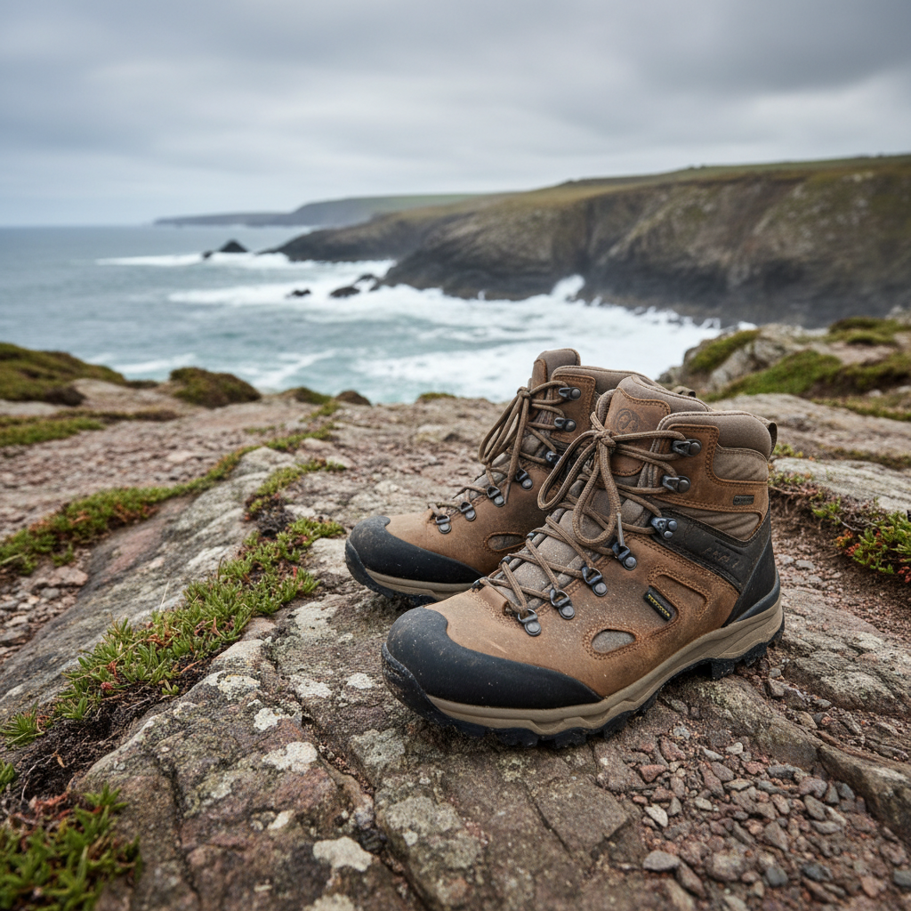 Close-up of sturdy hiking shoes on a rocky coastal path with waves in the background