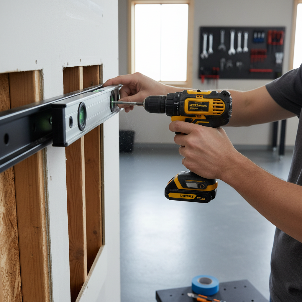Installing a wall mounted tool holder into studs with a level and drill