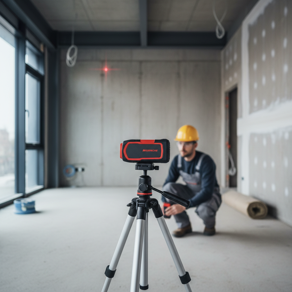 Contractor using a laser distance meter on a tripod for accurate long measurements