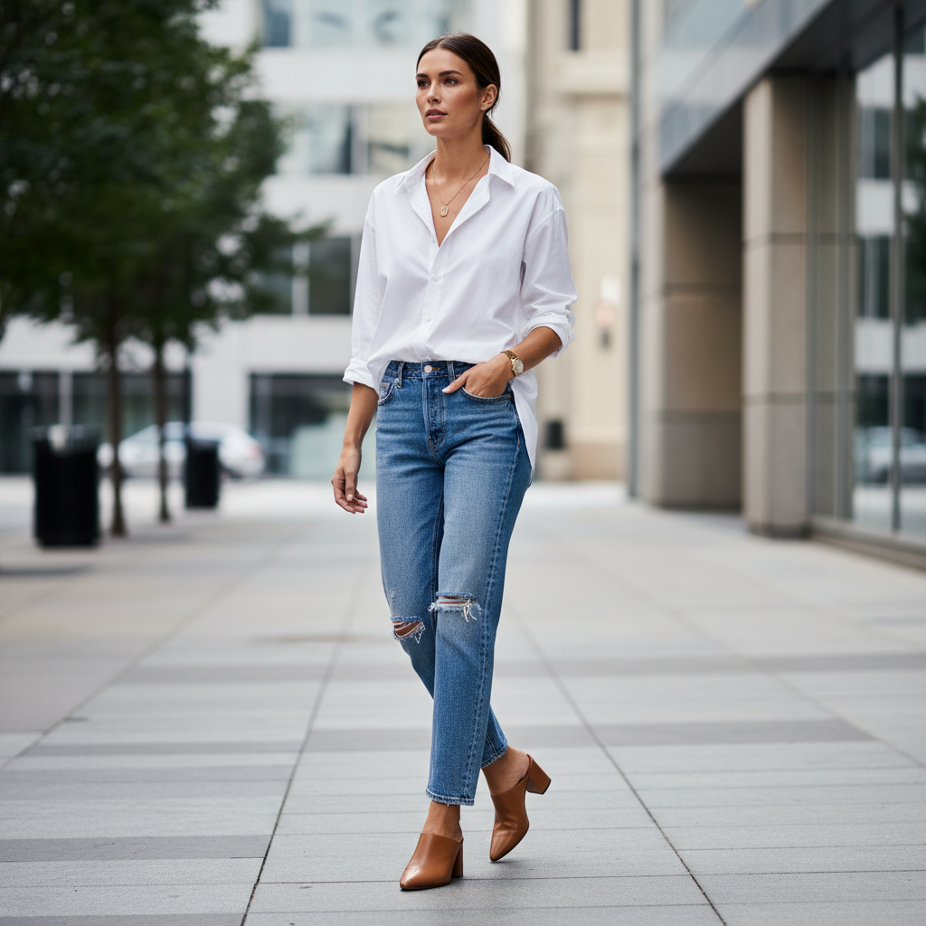 Women wearing neutral leather mule shoes with casual denim outfit