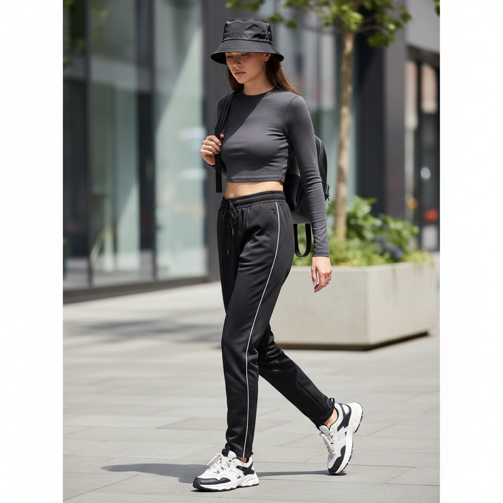 Sporty bucket hat fashion look with nylon hat and athleisure outfit