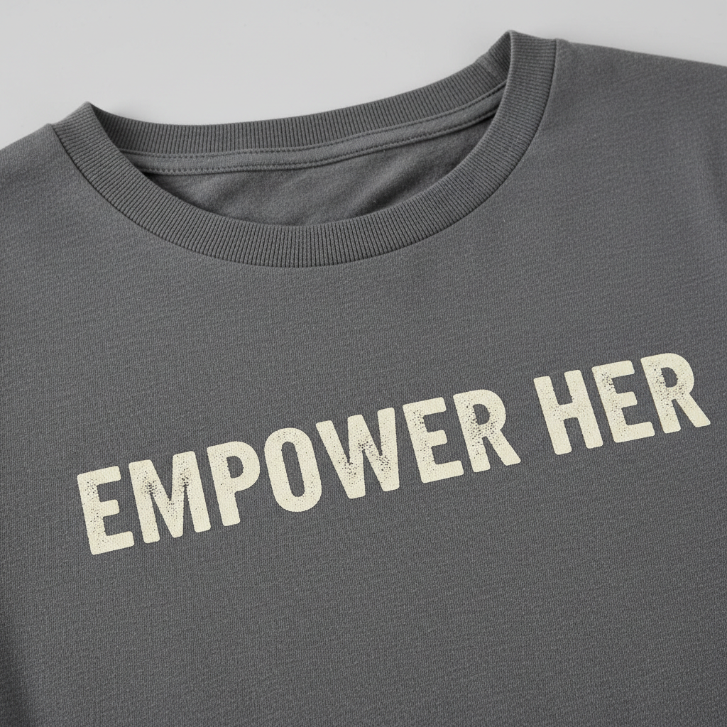 Close-up of slogan tee print texture and ribbed collar quality