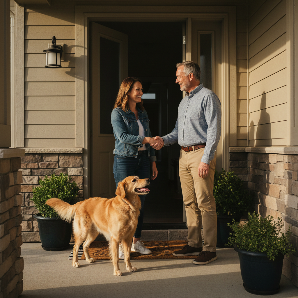 House sitter meeting a homeowner and friendly dog during a handover