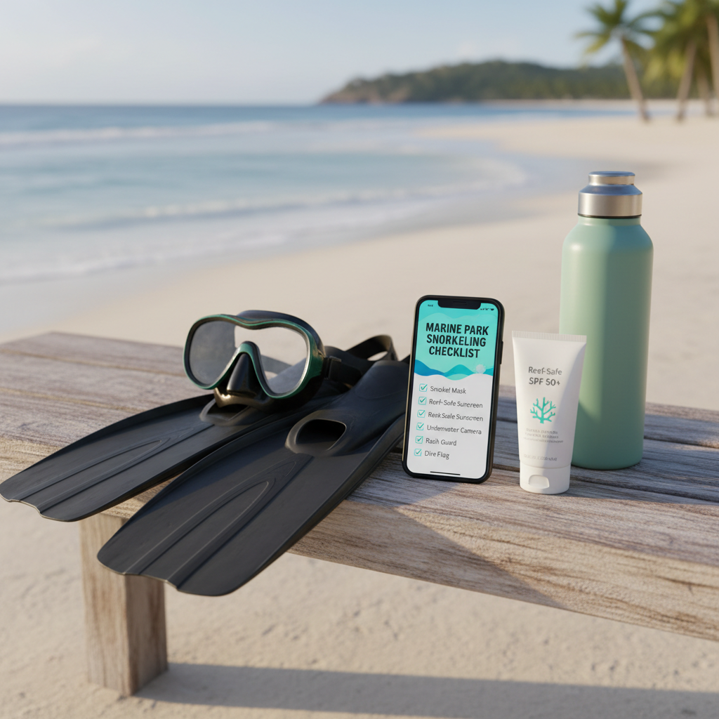 Marine park snorkeling checklist on a phone with gear nearby