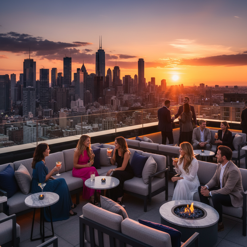 Couple enjoying a rooftop bar with a dramatic city skyline at sunset
