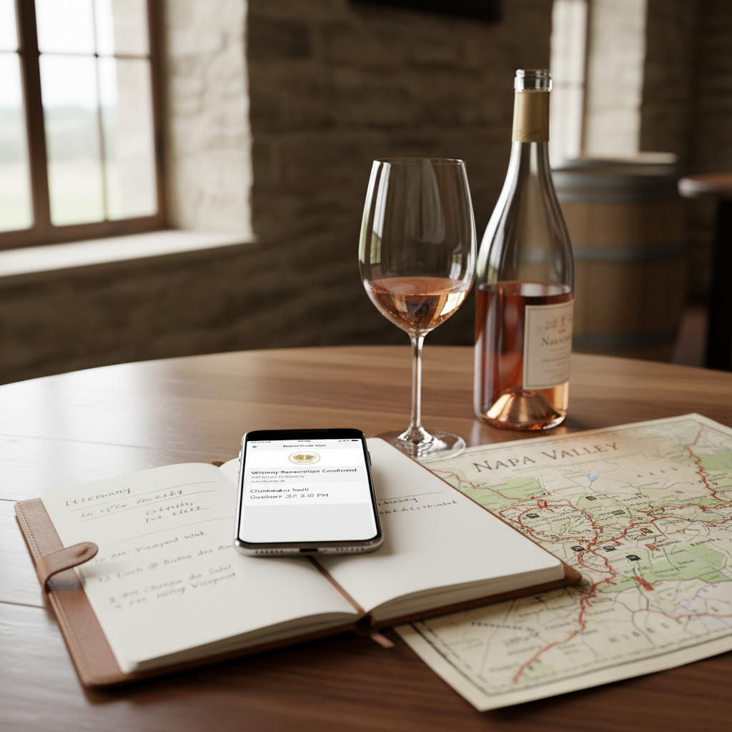 Winery tasting room reservation notes and a simple day plan on a phone and notebook