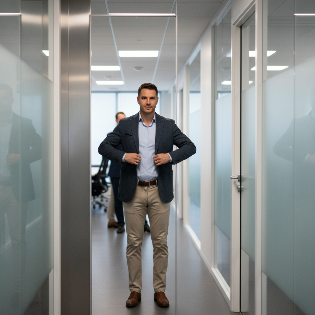 Man adjusting blazer in office mirror before a meeting, business casual style