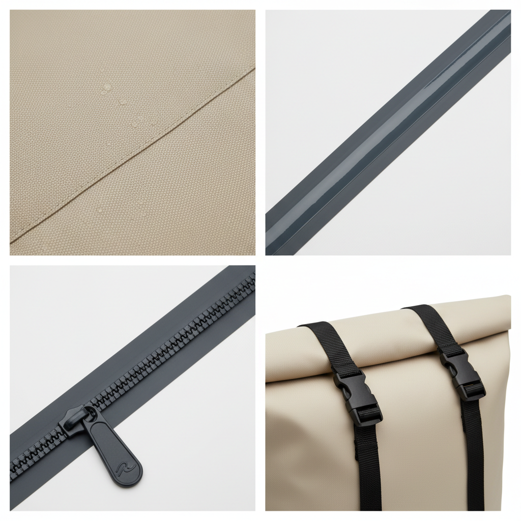 Comparison of beach bag materials showing waterproof fabric and sealed seams close-up