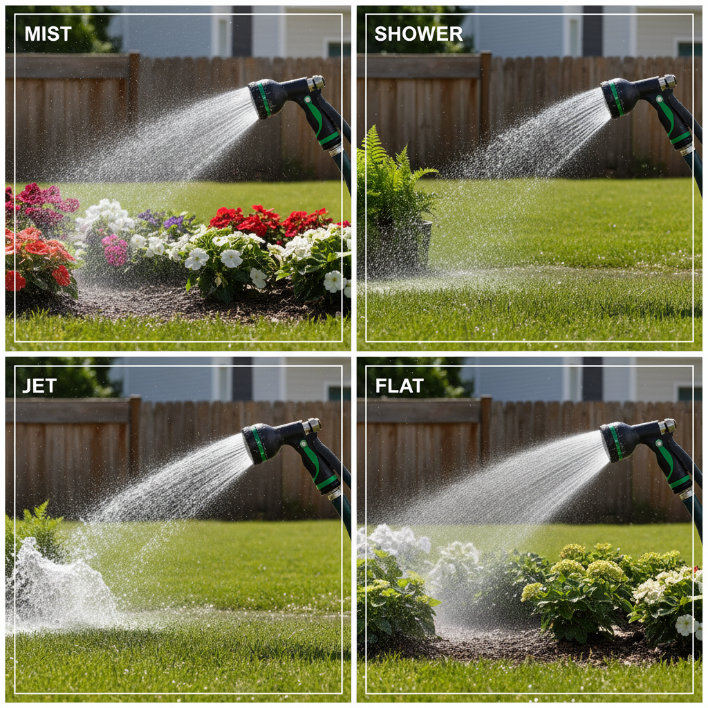 Spray patterns from an adjustable garden hose nozzle shown on grass and flower beds