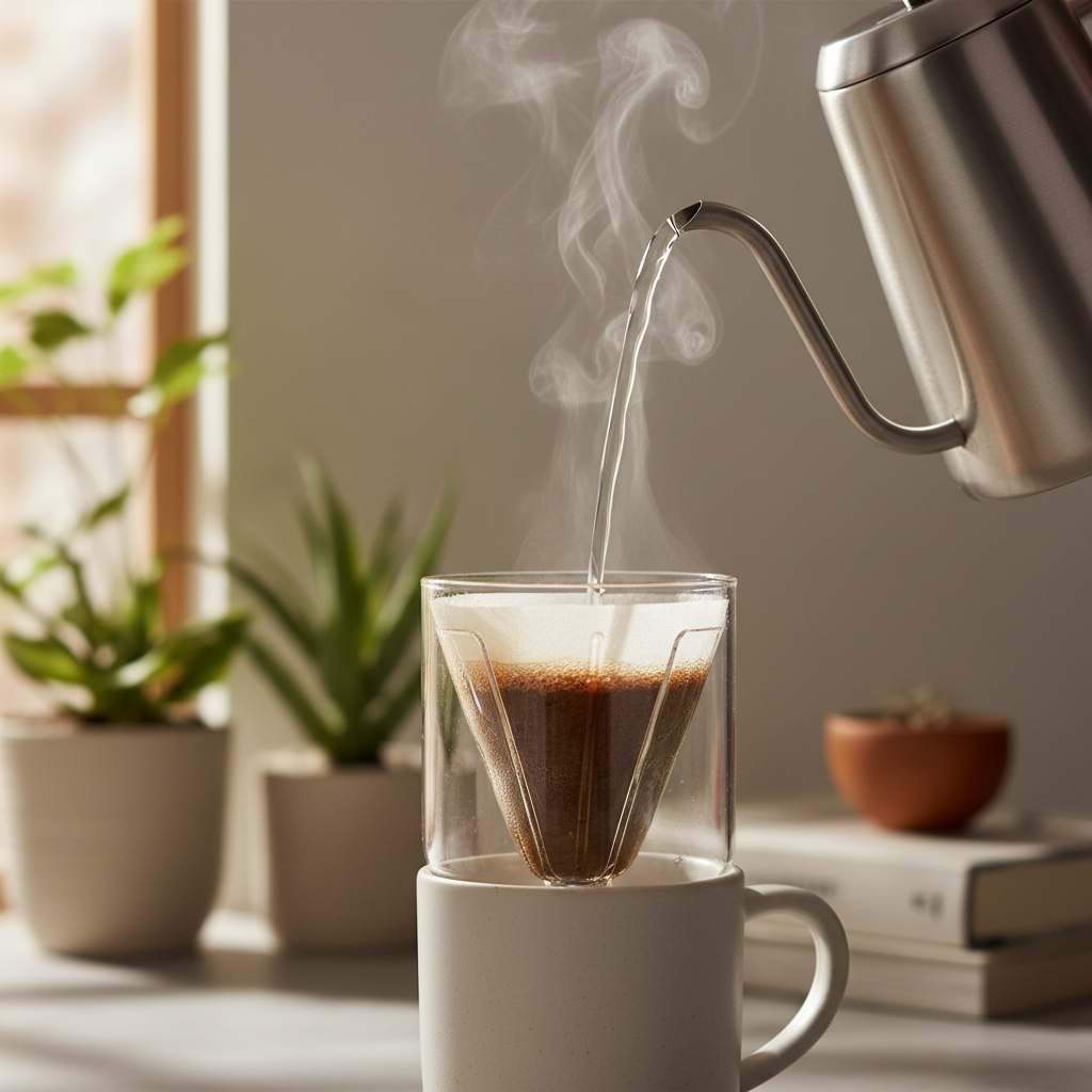 Close-up of manual brewing with portable coffee maker and kettle pouring hot water