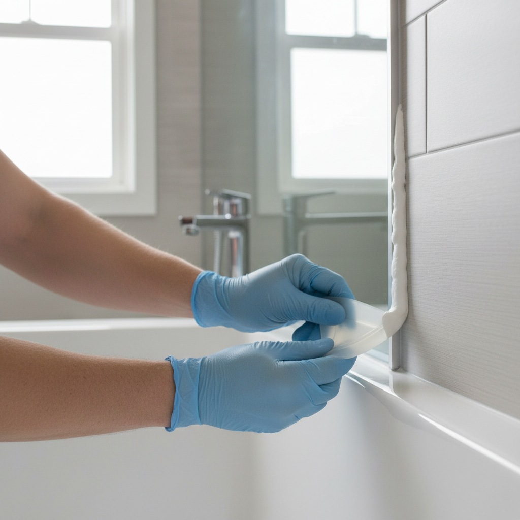 Caulk bead being tooled with a three-edge caulk finishing tool along a bathtub edge