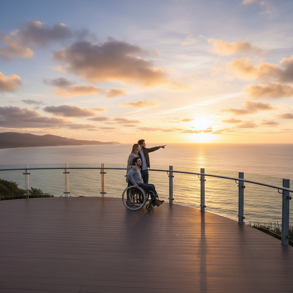 Accessible viewpoint platform with wheelchair user enjoying ocean sunset