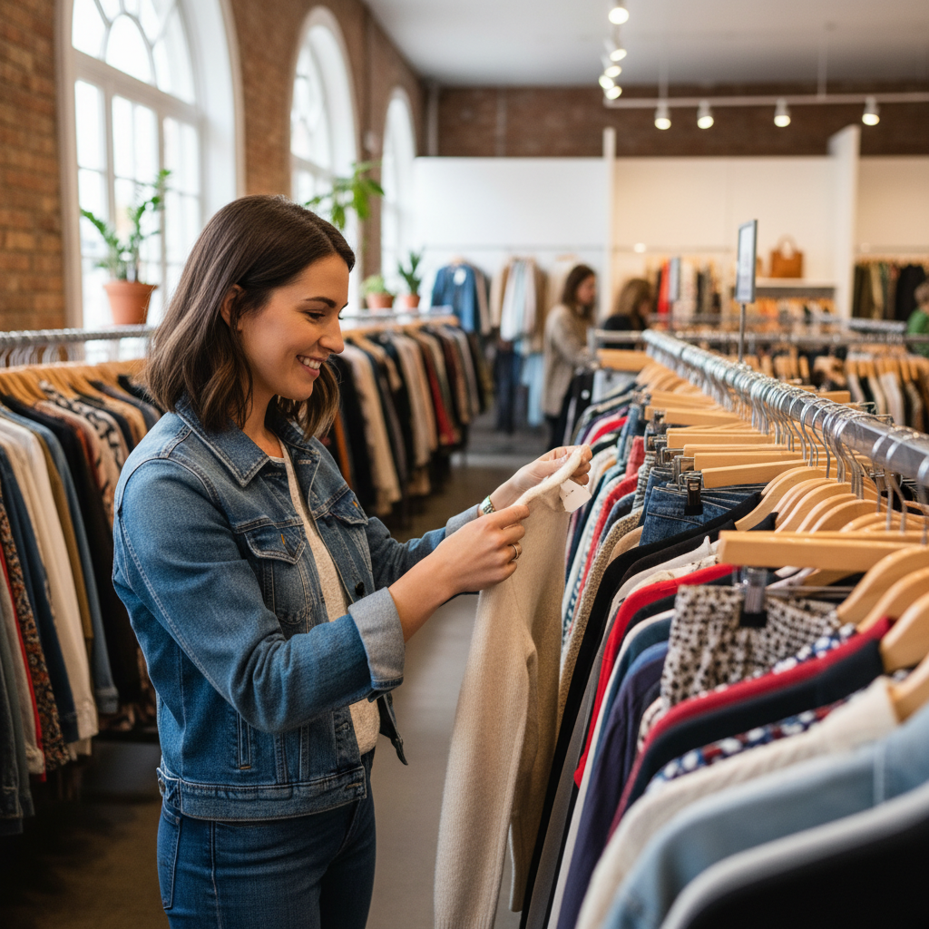 Shopper scanning clothing racks at a thrift store for quality finds