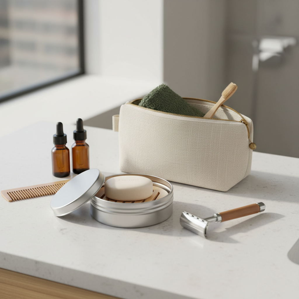 Solid shampoo bar travel kit with tin, drying insert, and toothbrush in a carry-on pouch