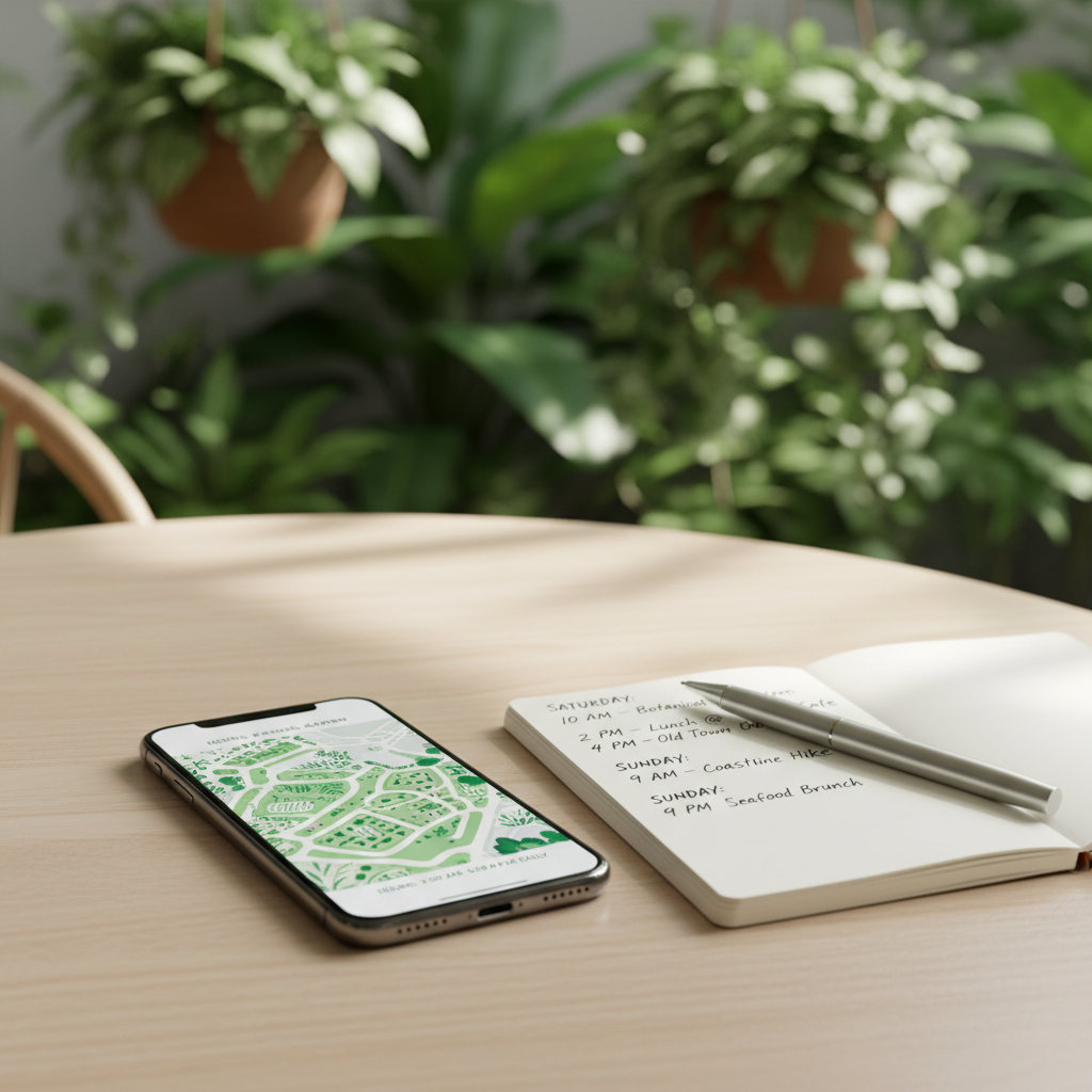 Botanical garden map and itinerary planning on a phone with a notebook