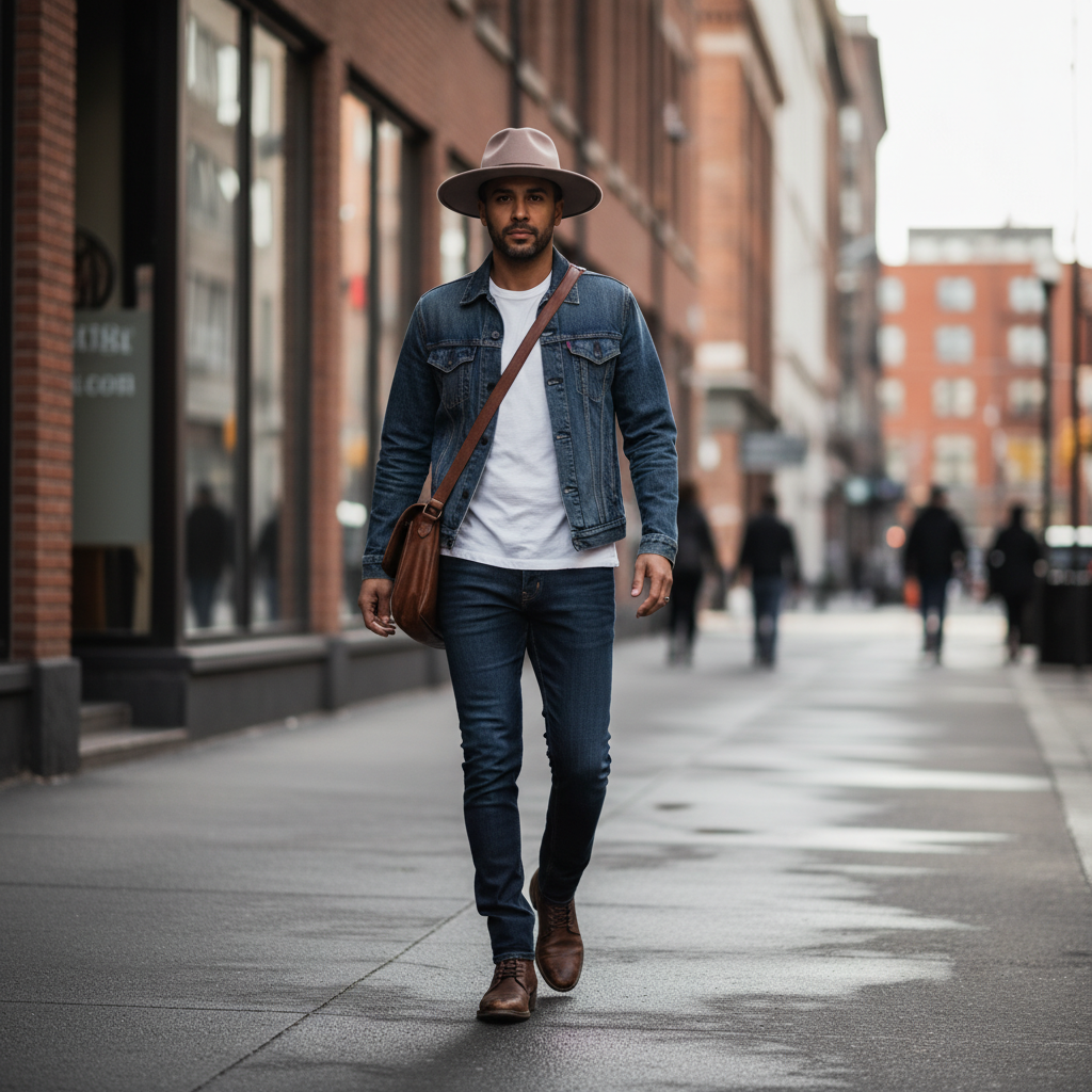 Casual fedora outfit with denim jacket and neutral basics