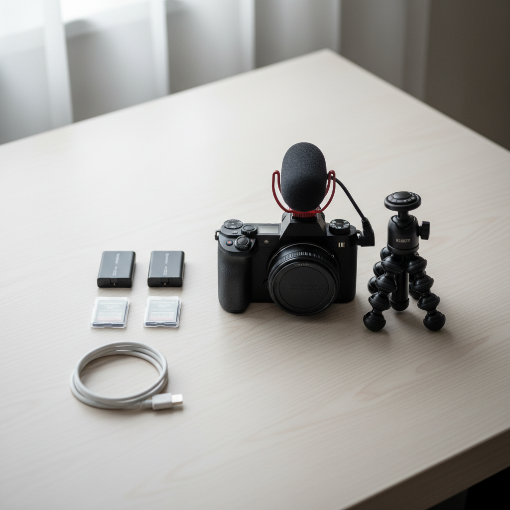 Compact travel vlogging kit laid out on a hotel desk with camera, microphone, mini tripod, and spare batteries