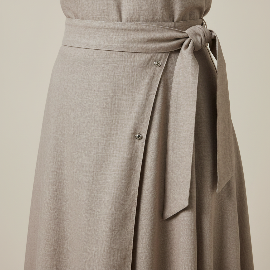 Close-up of wrap skirt waist tie, hidden button, and secure overlap