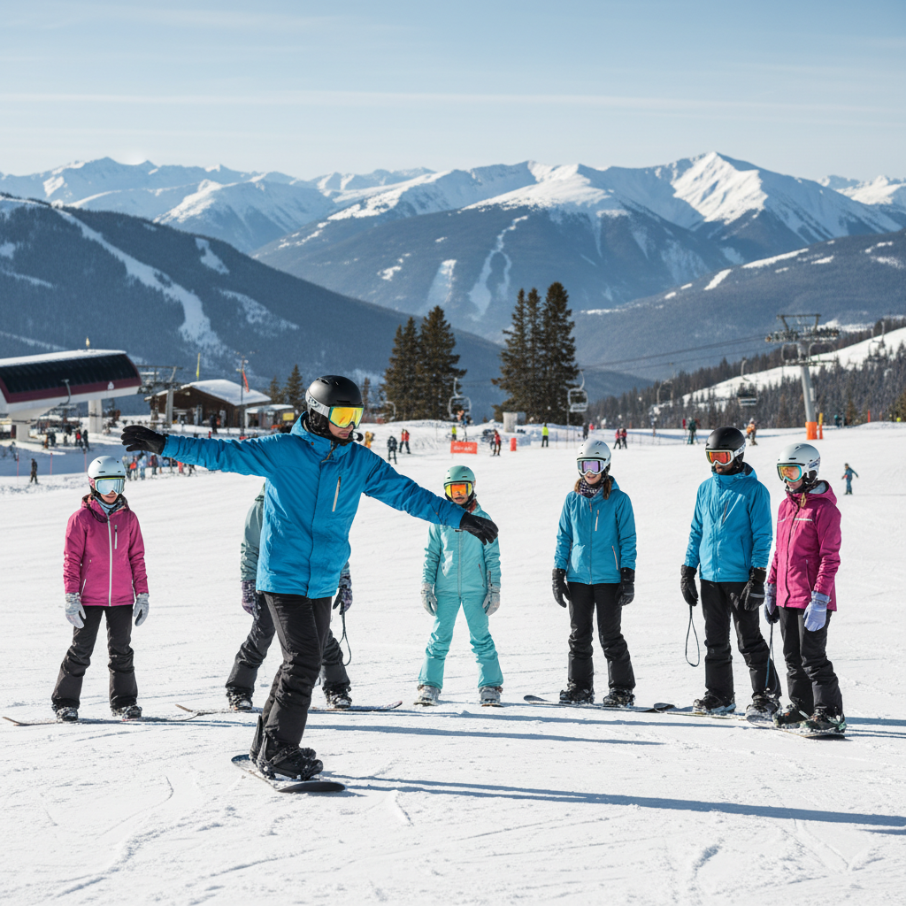 Beginner snowboard lesson on a gentle slope with an instructor near a resort base area