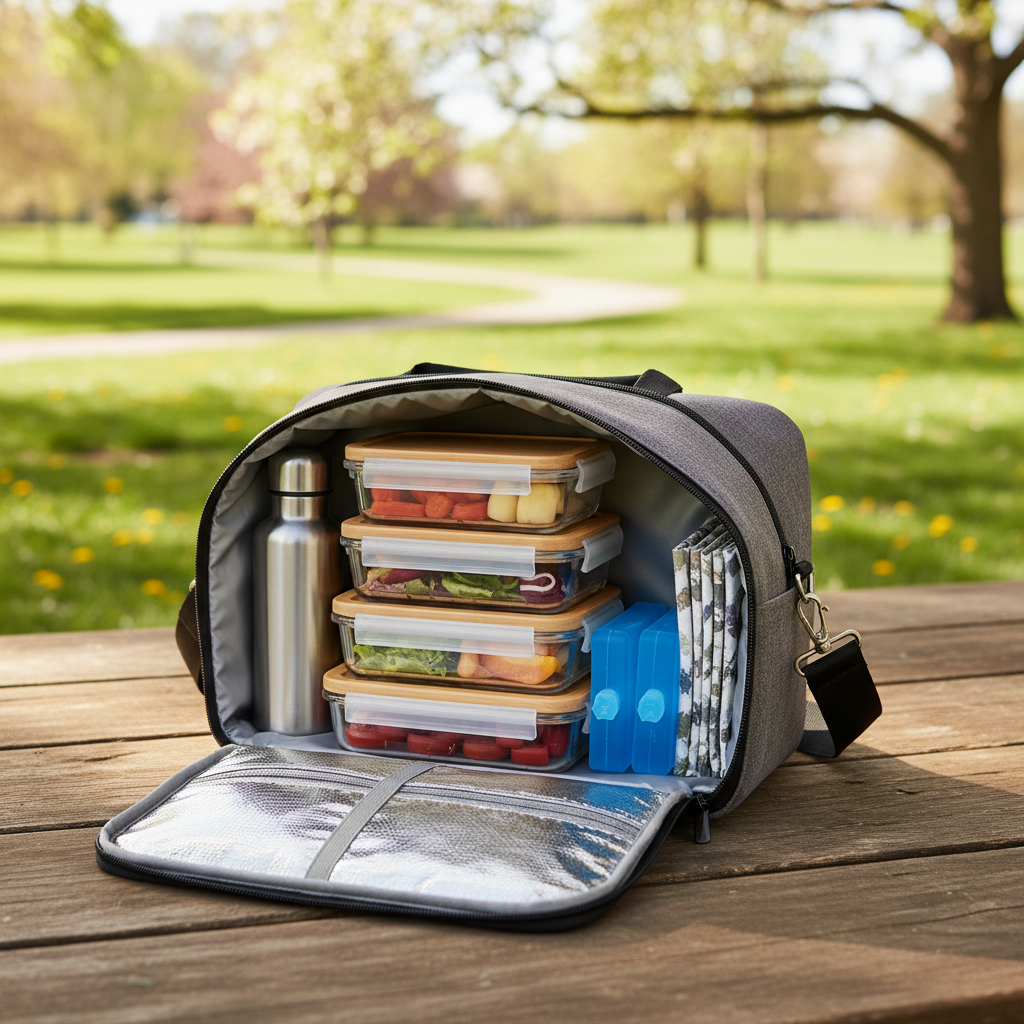 Insulated lunch bag travel packed for a day trip with ice packs and containers