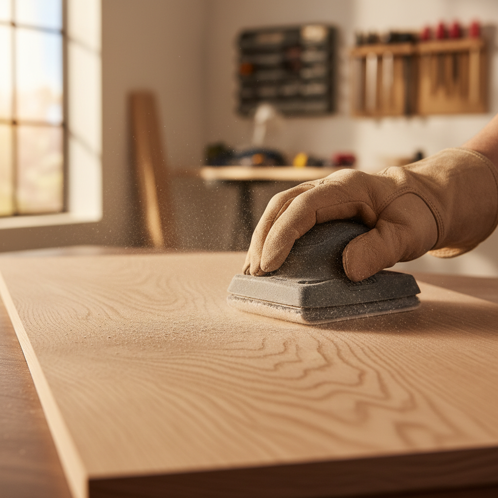 Hand held sanding block being used on a flat wood board for even sanding