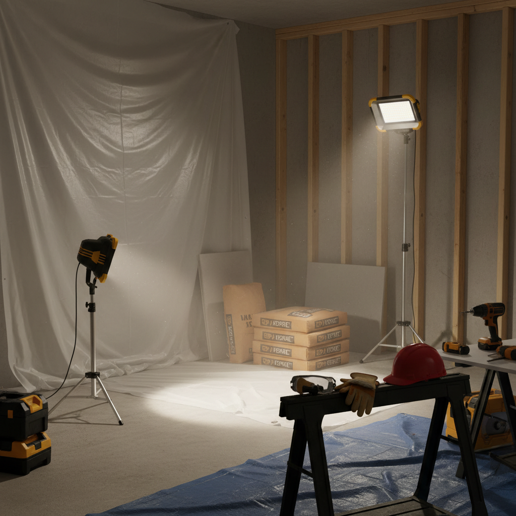 Construction area lit by two rechargeable LED work lights to reduce shadows